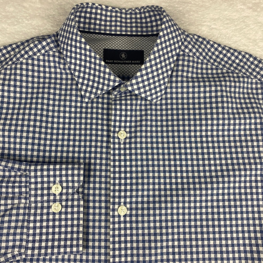 Hart Schaffner Marx Mens Blue Gingham Check Cotton Casual Button Down Shirt